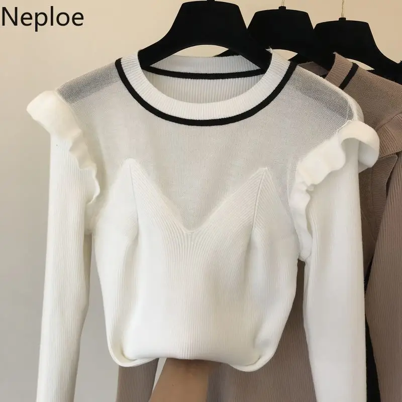 Neploe Ins/элегантный трикотажный женский свитер с О-образным вырезом оборками