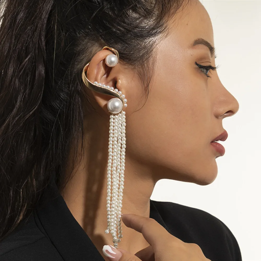 

1 PC Exaggerated Baroque Imitation Pearls Long Tassel Drop Ear Hook Earrings for Women Metal Twisted Hanging Dangle Earrings