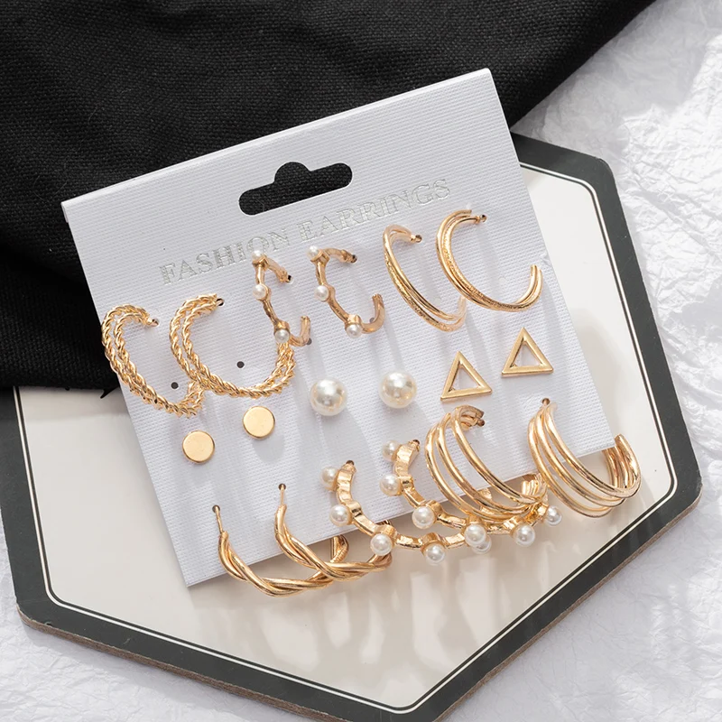 

2021 Trend Hoop Women's Earrings Vintage Drop Earrings for Women Korean Pearl Metal Gold Earrings Set Earings Female Jewelry