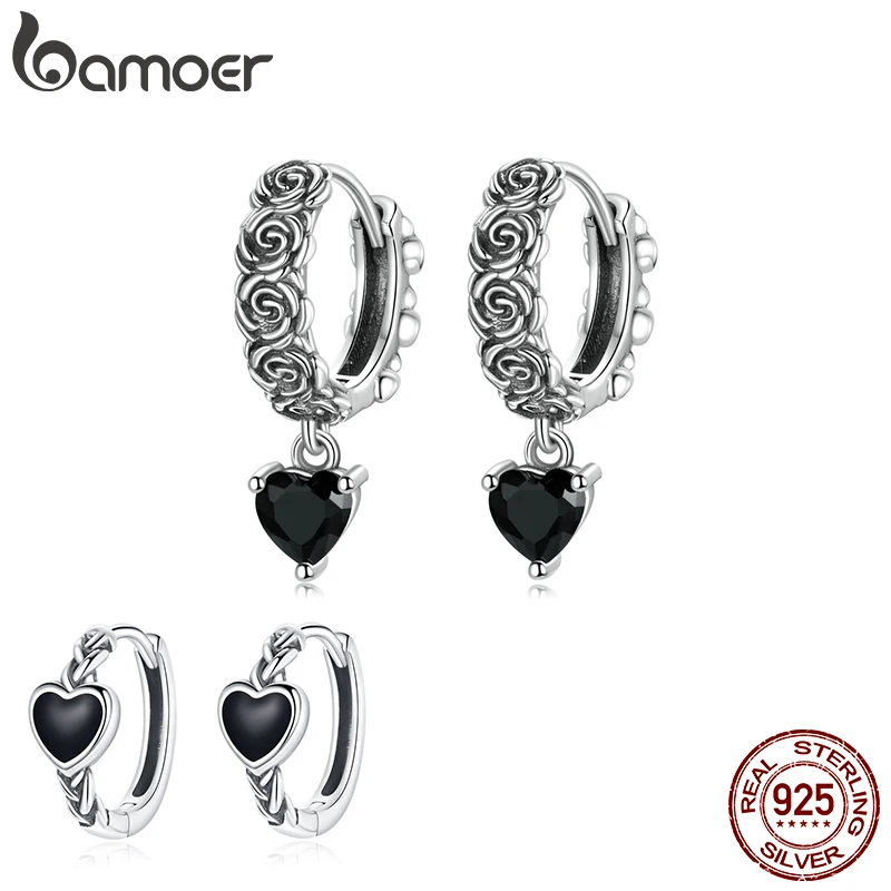 

BAMOER Vintage Ear Buckles 925 Sterling Silver Dark Night Rose Black Drop Earrings for Women Girls Halloween Series Jewelry