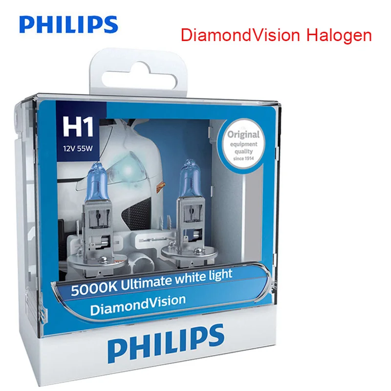 

Philips Diamond Vision H1 H4 H7 H8 HB3 HB4 9003 9005 9006 12V 5000K Car Halogen Headlight Fog Lamp Super Xenon White Light, Pair