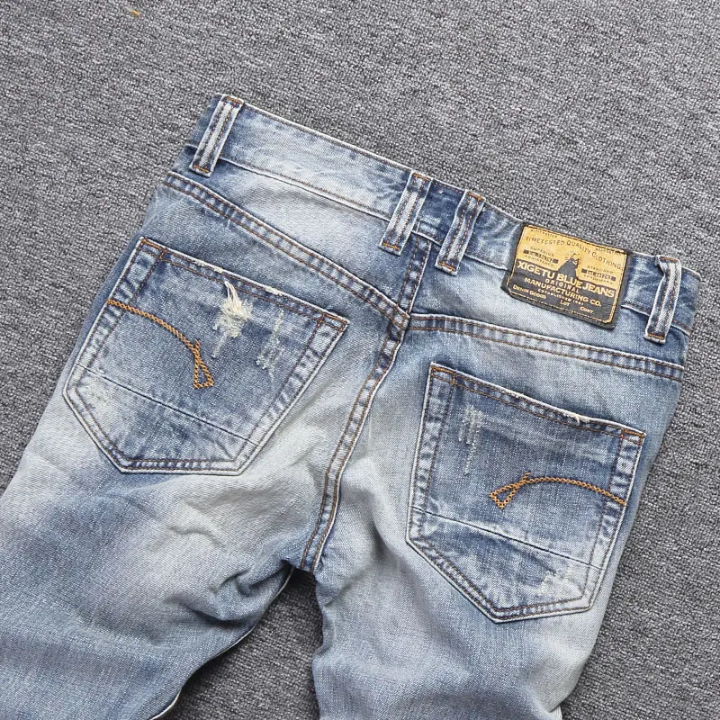 European Street Fashion Men Jeans Retro Light Blue Slim Fit Ripped Jeans Men Korean Embroidery Designer Vintage Denim Pants