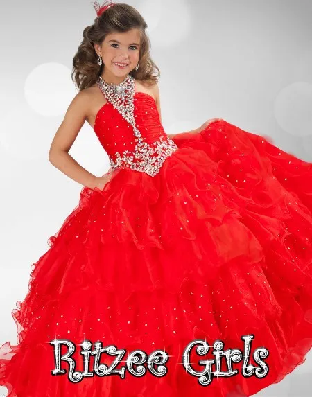 

2014 Halter Floor Length Red Ball Gown Tiered Rhinestones Kids Pageant Prom Dress