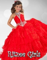 2014 halter floor length red ball gown tiered rhinestones kids pageant prom dress