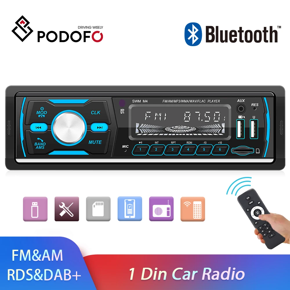 Podofo 1 DIN автомобильный Радио Стерео RDS FM AM DAB + Bluetooth Авто USB AUX IN стерео din