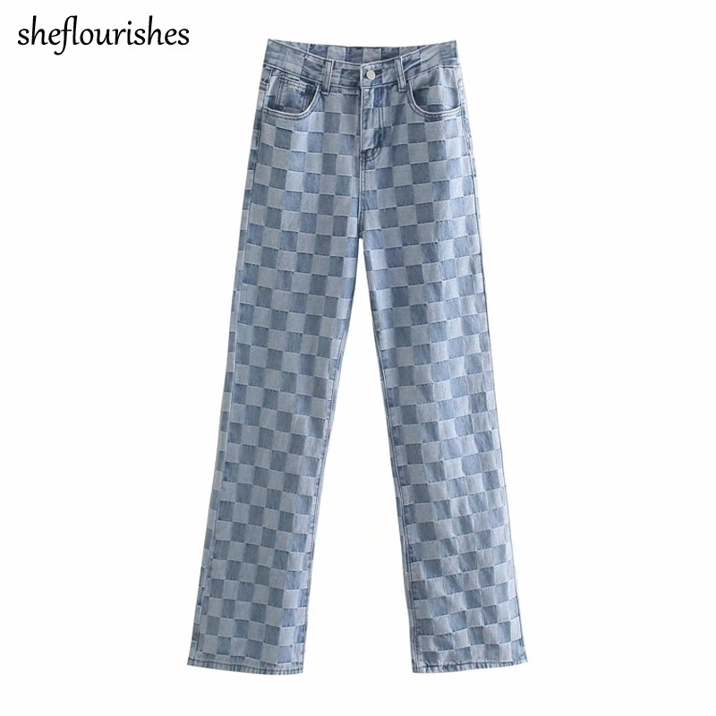 

2021 Summer jeans women casual baggy jeans vintage high waisted denim trousers chic plaid pants women baggy streetwear blue