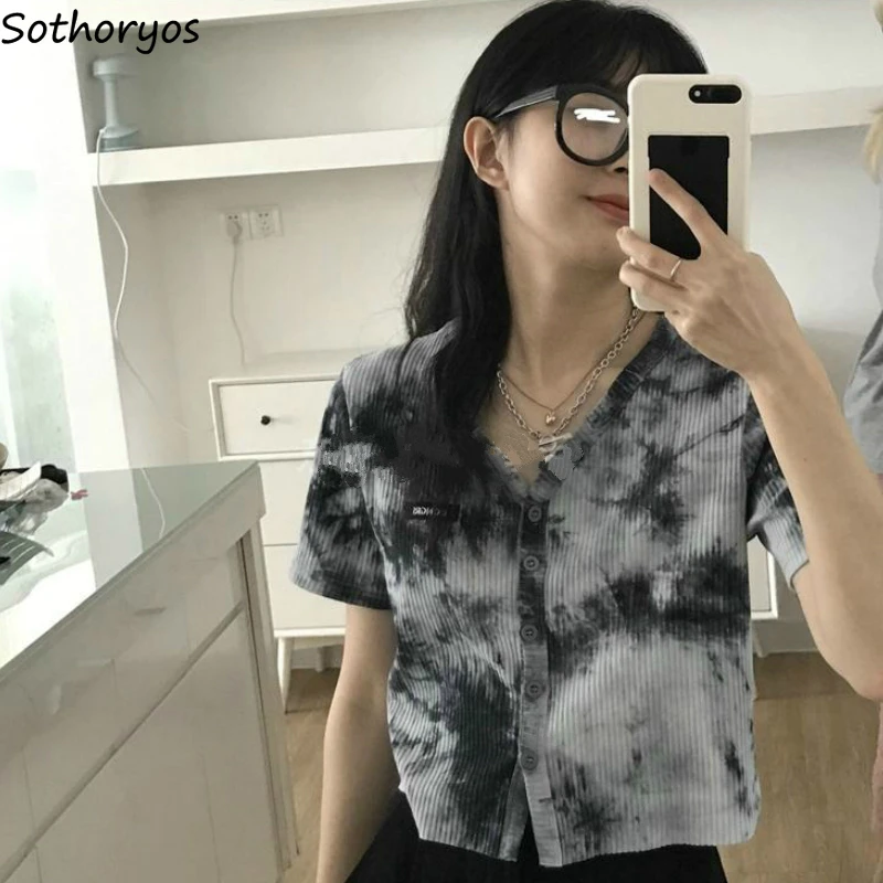 Short Sleeve T-shirts Women Tie Dye Vintage Crop Tops Korean Style Design Single Breasted Streetwear Casual Trendy Hip Hop New | Женская
