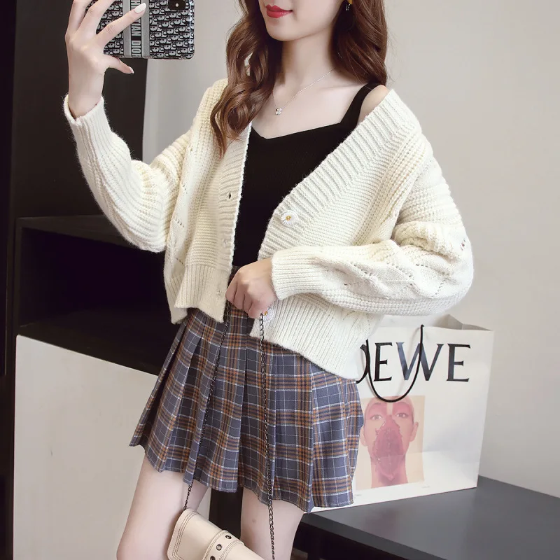 

TIGENA Korean Cute Women Short Cardigan Sweater 2021 New Autumn Casual Solid Pink All-match Loose Knit Jacket Coat Female Tops