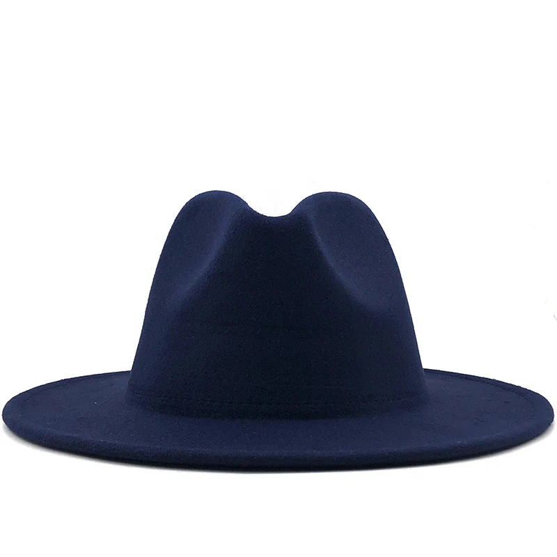 

New Navy With Red Bottom Patchwork Panama Wool Felt Jazz Fedora Hats Women Men Wide Brim Party Cowboy Trilby Gambler Hat