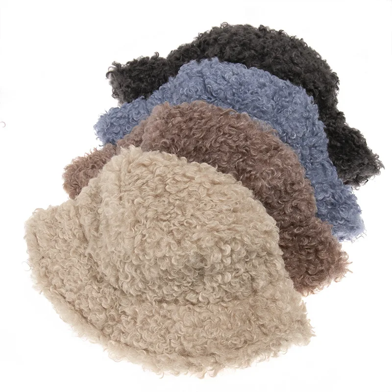 

2021 New Hat for Women Autumn Winter Bucket Hats Lamb Faux Fur Soft Warm Fisherman Hat Panama Casual Caps Lady Flat Korean Style