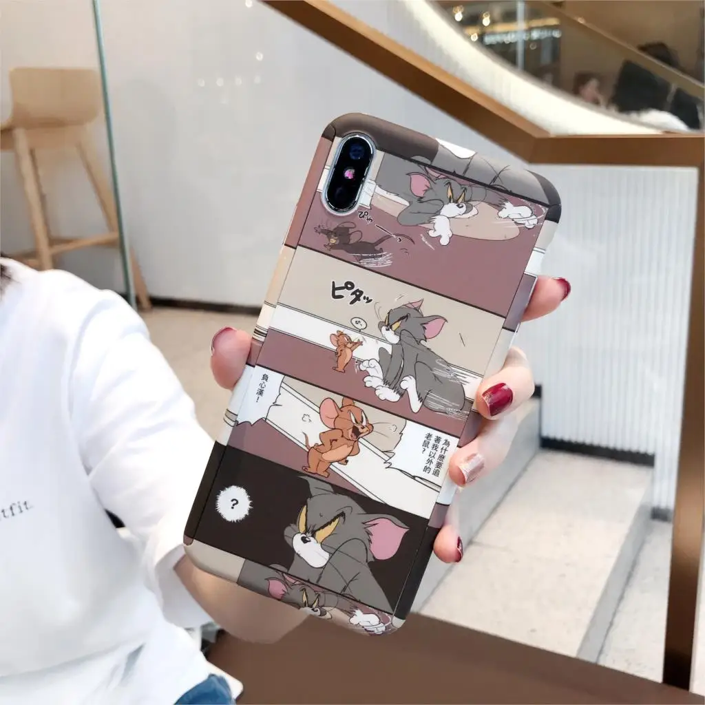360 чехол с милым рисунком том Джерри для iPhone X, XR, XS, Max, 6, 6 S, 7, 8 Plus, 5, 5S, SE, тонкий жесткий чехол с изображением аниме i Phone Cat mouse, стекло