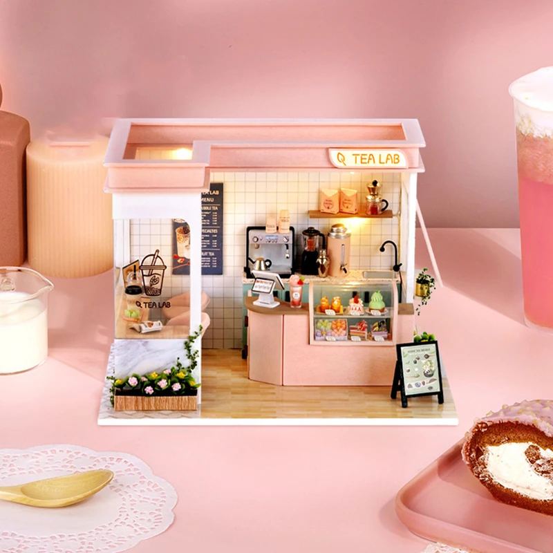 

Кукольный домик «сделай сам», миниатюрная мебель со светодиодным комплектом, магазин молочного чая, деревянные кукольные дома, сборная игрушка, рождественский подарок для детей