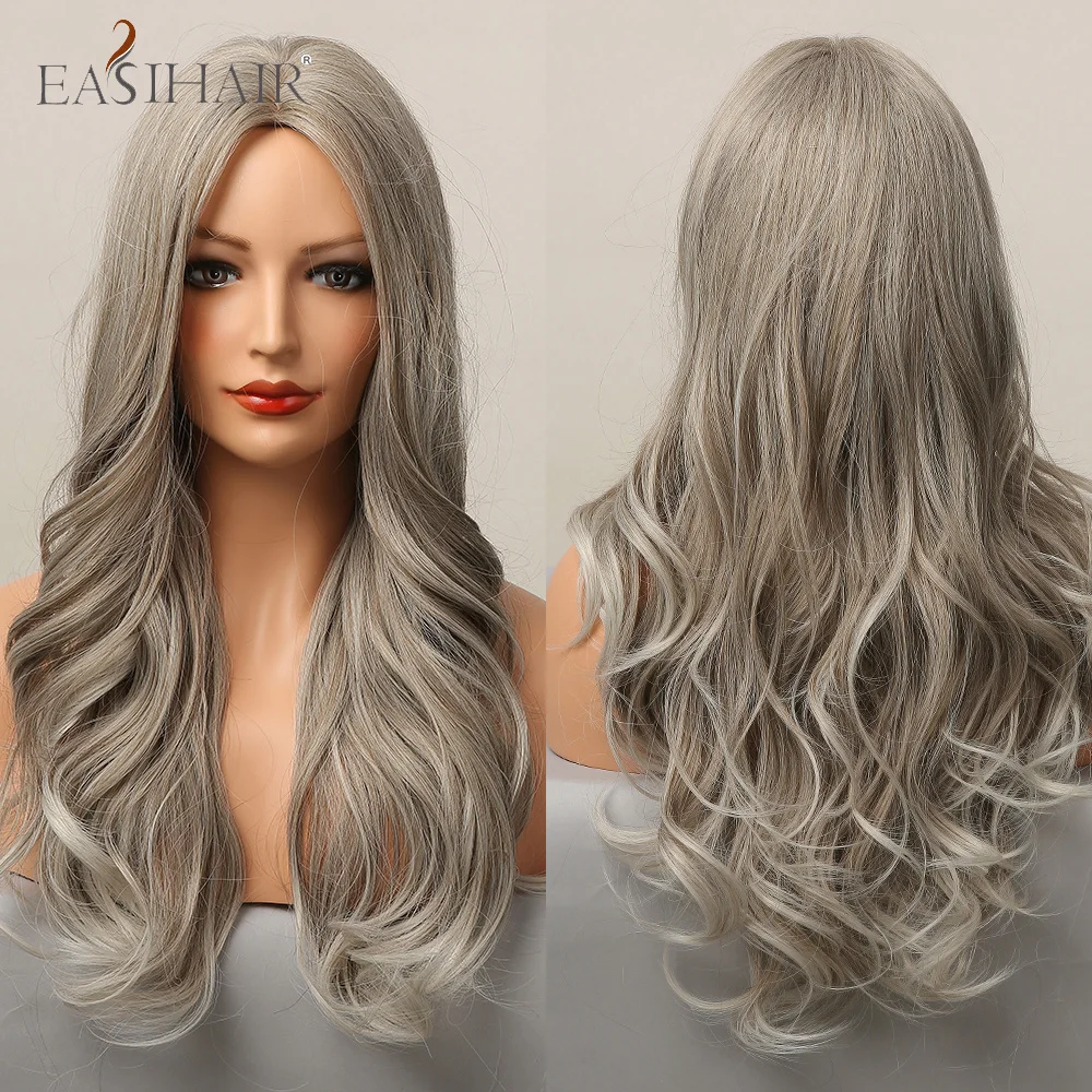 

EASIHAIR Ombre Ash Silver Blonde Long Wave Synthetic Wigs for Women Heat Resistant Fiber Middle Part Faker Hair Daily Use Party