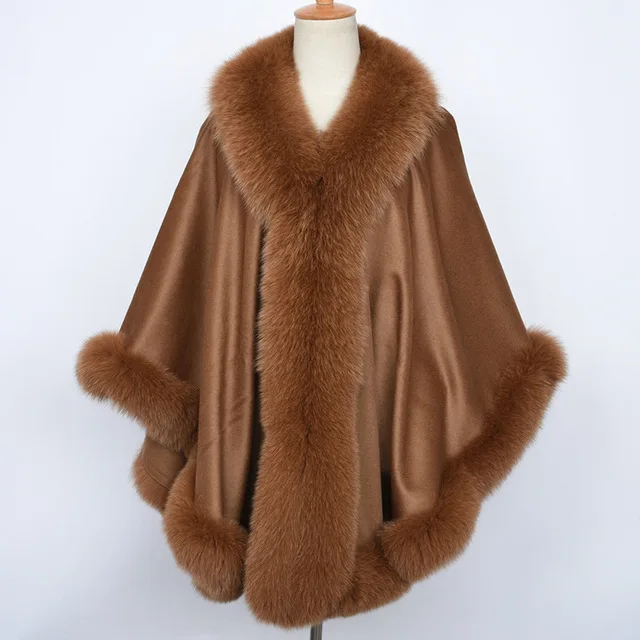 Camel Женское модное длинное кашемировое пончо, Воротник из натурального Лисьего меха, отделка и накидка, шерстяная куртка, Осень-зима, теплое пальто из натурального меха S7356 - Цвет: Camel