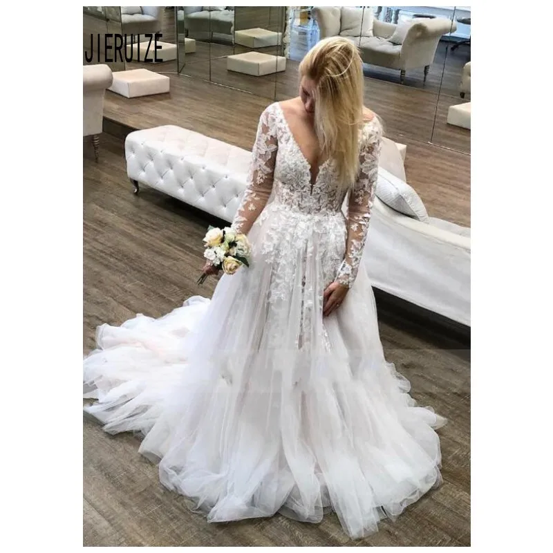 

JIERUIZE Elegant Wedding Dresses V Neck Sheer Long Sleeve Lace Appliques Backless Beach Bridal Gown vestito da sposa