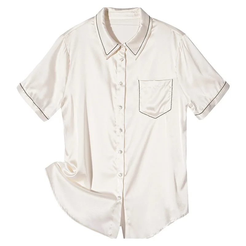 

High-End Women's Clothing 16 M/M Silk Shirt Female Lapel Men's Short-Sleeved Solid Professional Commuting Coat 2020 New Fashion