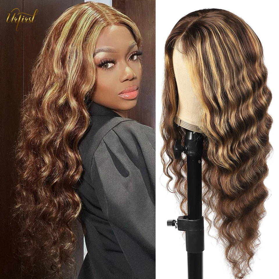 30 Inch Highlight Wig Human Hair Loose Deep Wave Lace Front Human Hair Wigs For Women Remy Brown Colored Wig With Highlights