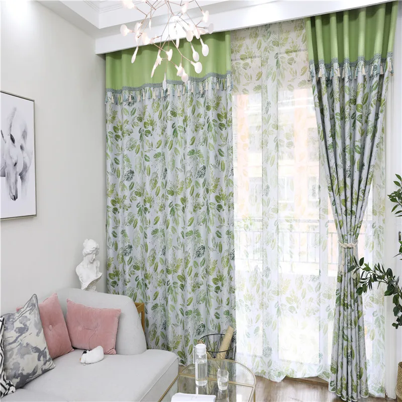 

Modern Simple Pastoral Nordic Curtainwith Gold Branches and Jade Leaves Printing High Shading Curtains for Living Room Bedroom