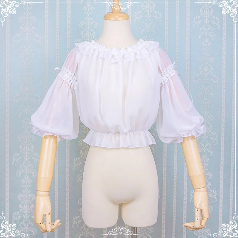 

Japanese sweet lolita shirt vintage slash neck puff sleeve stringy selvedge victorian shirt kawaii girl gothic lolita top cos