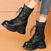 military creeper ankle boots women genuine cow leather platform motorcycle chunky boots thick sole round toe party shoes 34 40