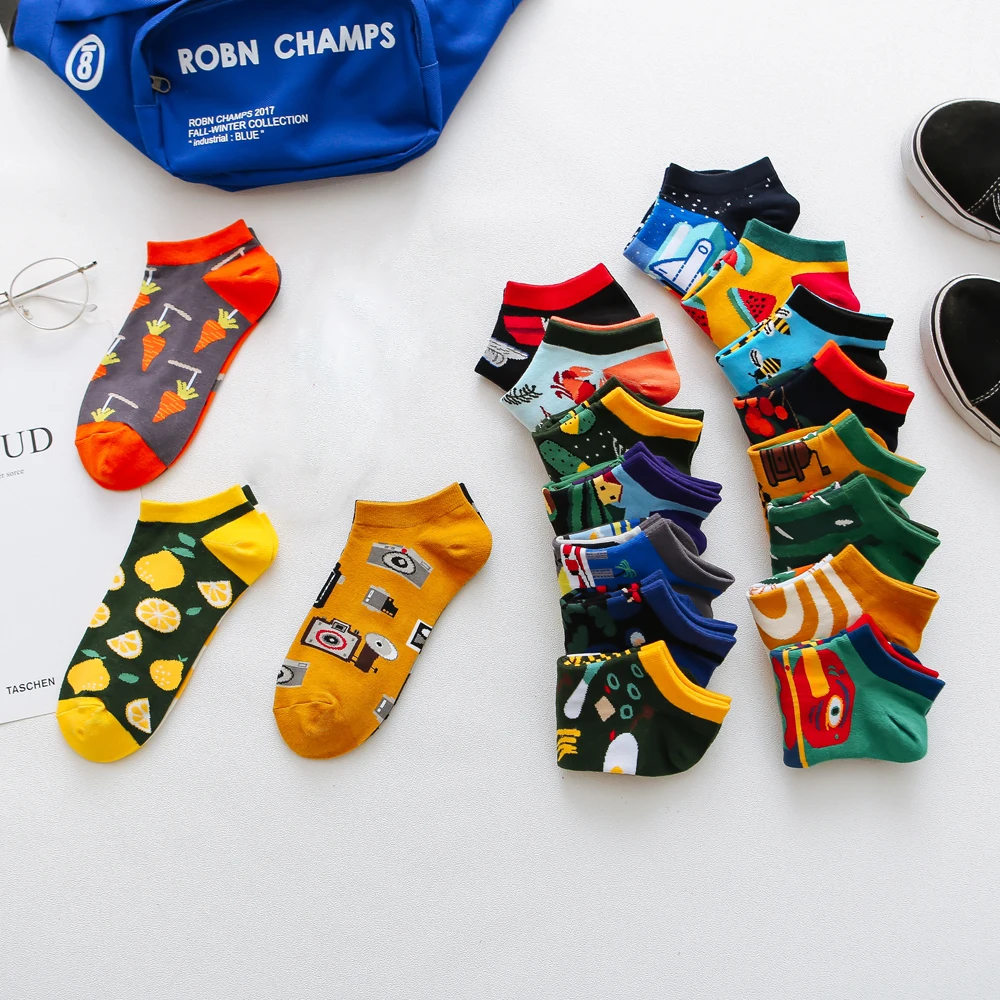 1 пара разноцветных женских и мужских хлопковых коротких носков невидимые короткие летние повседневные Дышащие Короткие крутые забавные носки унисекс