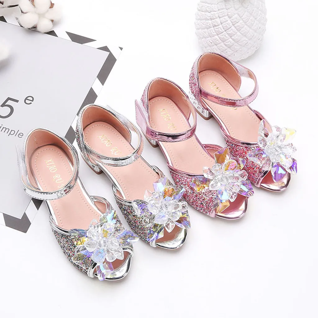 

Girl's Crystal Princess Shoes Wedding Party Dance Sandals Baby Girl Fashion Peep Toe Leather Shoes Sandalias Infantil Pink Blue