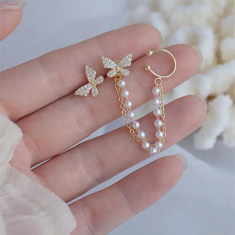 

Korean Earings Fashion Jewelry Asymmetrical Butterfly Simulation Pearl Ear Bone Clip Earrings For Women Wholesale Stud Earrings