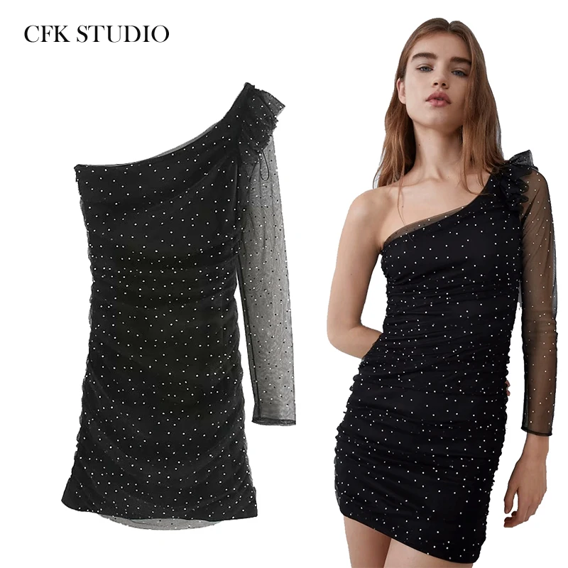 Женское мини платье с блестками ZA черное облегающее газовое длинным рукавом и