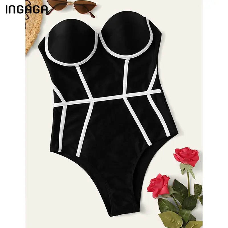 

INGAGA Sexy One Piece Swimsuits Patchwork Swimwear Women 2021 Black Bathing Suit Push Up Bodysuit New Beachwear Women Summer