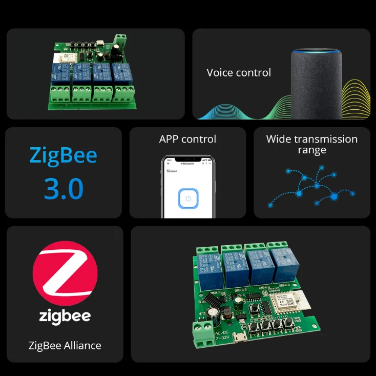 4CH Zigbee Smart Light Switch Module DC 5/12/32V RF433 Receive 10A Relays Work with Alexa Google Assistant Tuya Life on - Модуль умного выключателя света Zigbee 4CH DC 5/12/32V RF433, 10A реле, совместим с Alexa, Google Assistant, Tuya Life.
