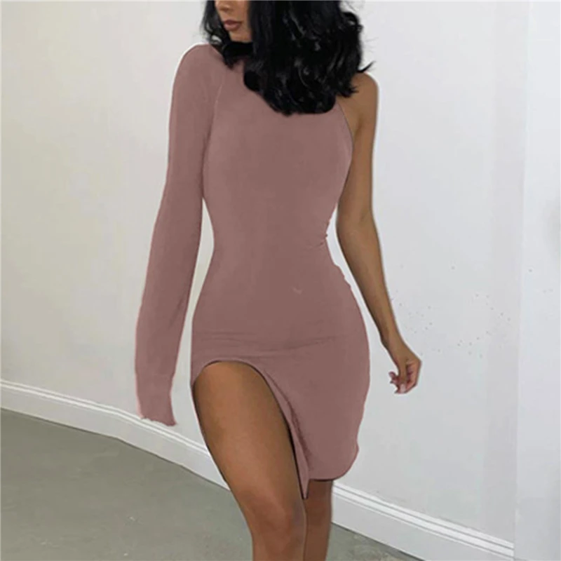 

Women Bodycon Dresses Side Slit Party Sexy Long Sleeve One Shoulder Autumn Dress Fashion Skinny Clubwear Mini Dress