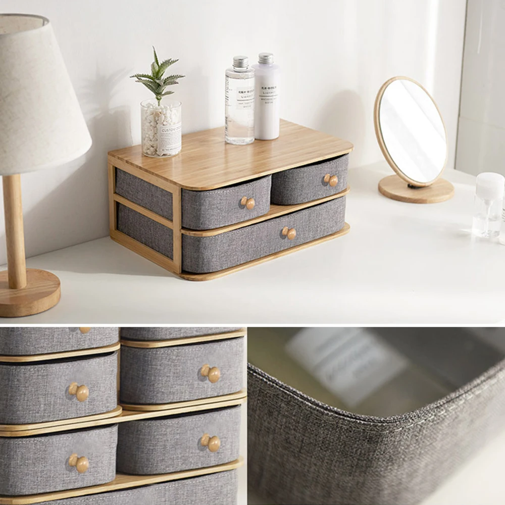 

Oxford Fabric 3 Layers Drawer Bamboo Storage Box Finely Polished Bamboo Frame With Clear Texture Cosmetic Organizer Home Office