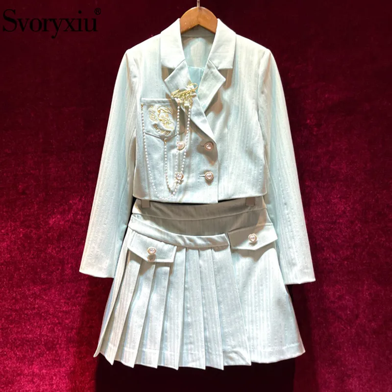 

Svoryxiu Autumn Women's Runway Fashion Preppy Style Skirt Suit Double Breasted Embroidery Beaded Coat + Pleated Skirt Sets