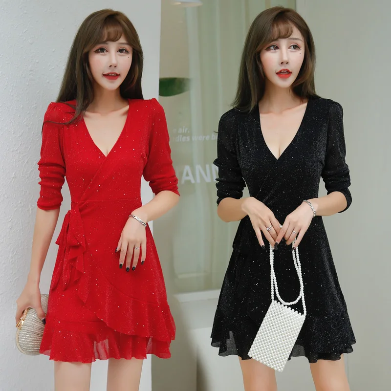 

#1932 Black Red Mermaid Dress Women Long Sleeved Stretch Tight A-line Dress Deep V-Neck Sexy Short Dress Spliced Ruffles Summer