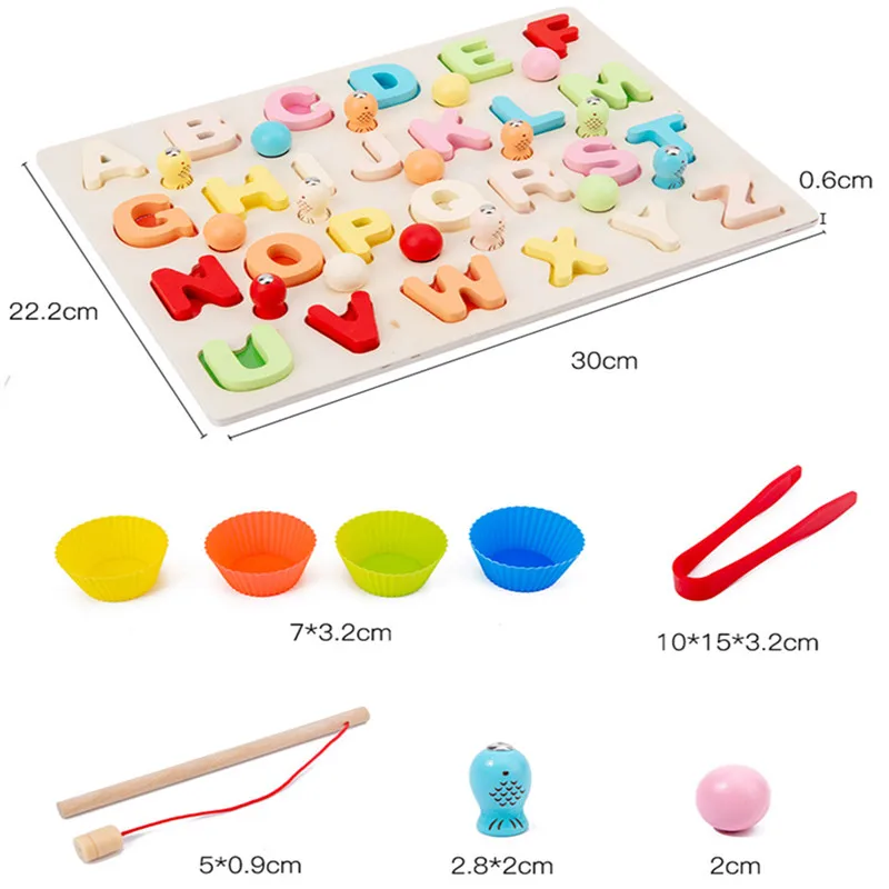 

Children's Wooden Macaron Color Three-In-One Clip Beads Alphanumeric Panel Shape Cognitive Matching Early Education Learning Toy