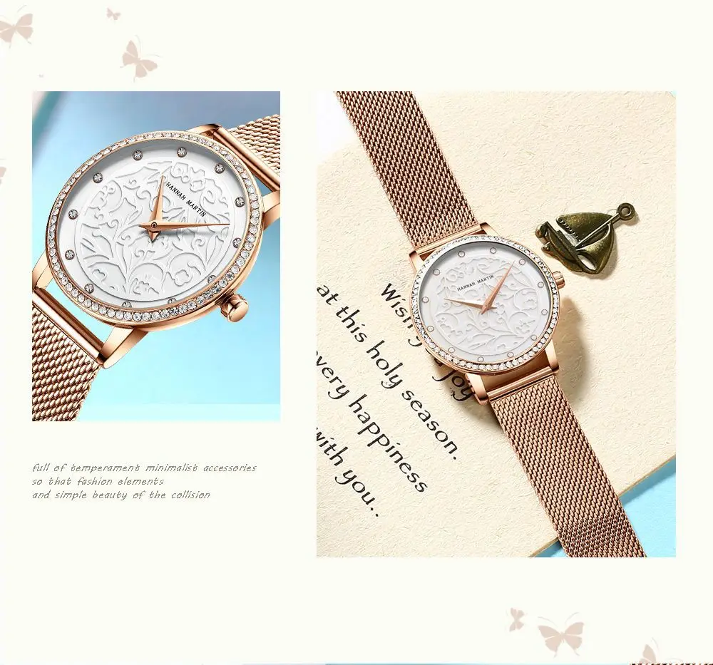 

TOP Brand Hannah Martin Hot Sale Elegant Women Watch with Czech Diamond 30m Waterproof Bling Bling Watch Wife Gift