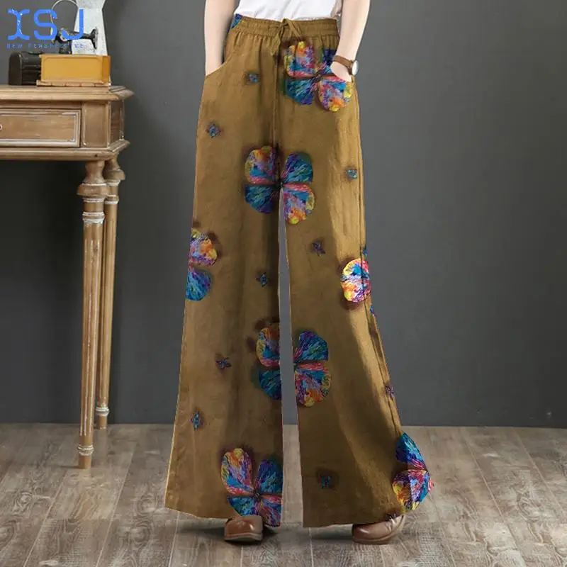 

Cotton and Linen Printed Stretch Wide-Leg Pants Women's High-Waist Pants Retro Spring and Autumn Casual Elegant Breeches