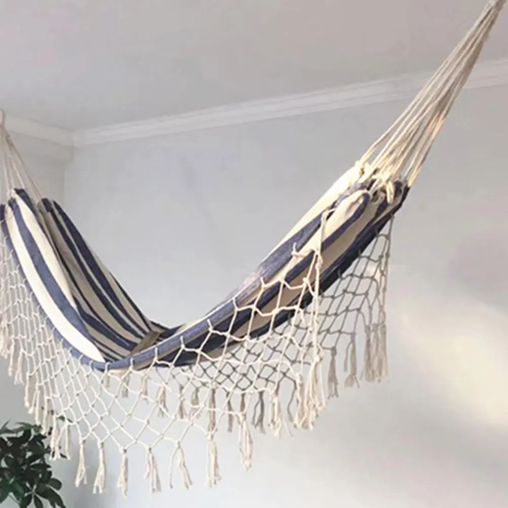 

200*100cm Canvas Tassel Hammock Outdoor Indoor Camping Outdoor Supplies Portable Foldable Striped Blue and White Striped Hammock