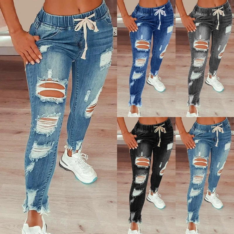 

5Xl Women's Fashion Jeans Ripped Skinny 2021 New Sexy Hip Slim Jean Mom Spandex Denim Clothing Plus Big Size Jeans Female