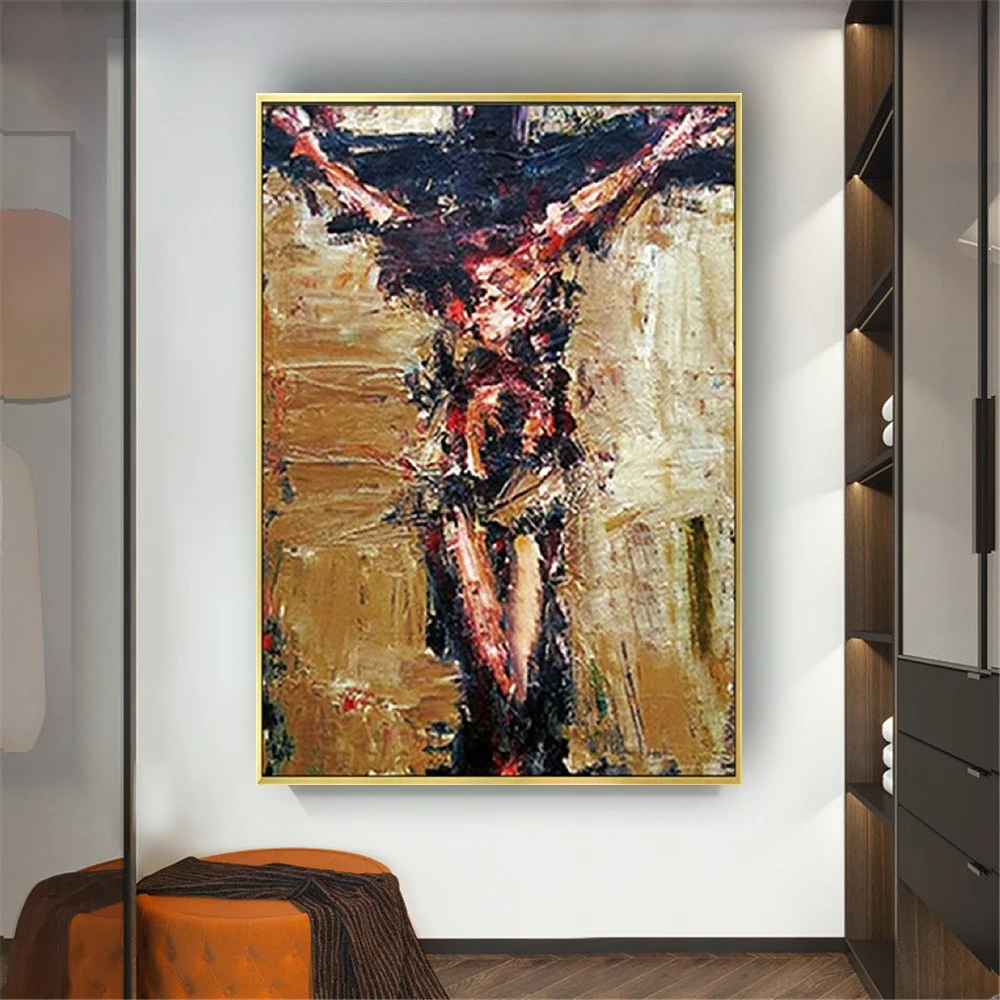 

100% hand painted Christian wall art Crucifixion canvas art Jesus on the cross oil painting religion mural For dining room hall