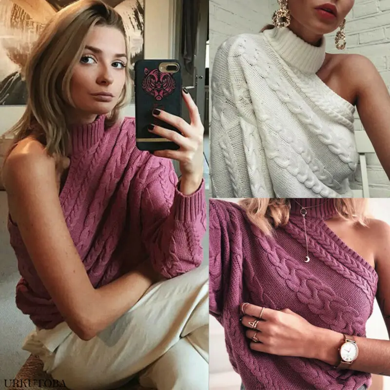 Сексуальная Женская зимняя водолазка вязаные женские джемперы на одно плечо