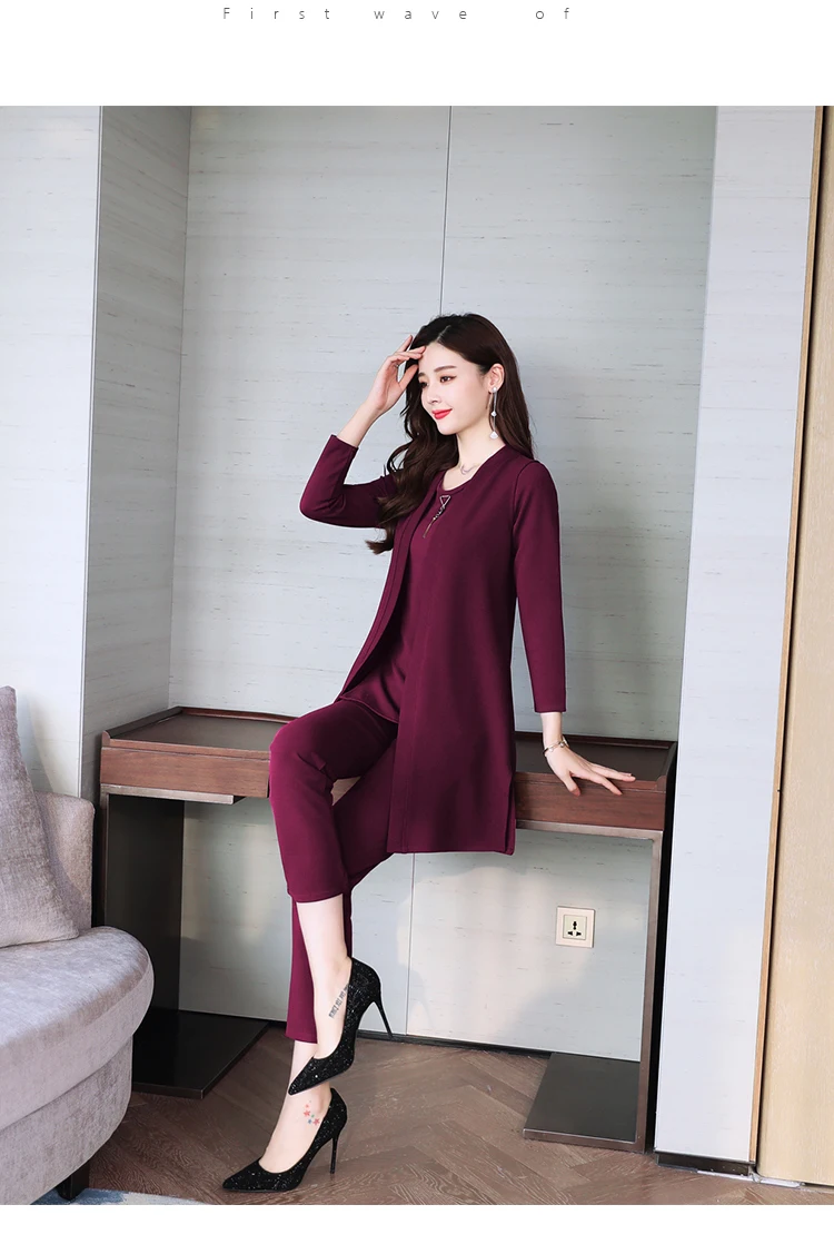 Фиолетовый 3 2 шт женские костюмы Кардиган Куртка пальто Топ Брюки Костюм широкие ноги размера плюс свободные Зима Осень элегантная одежда