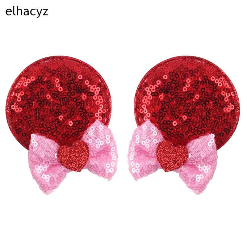 

1 Pair 2.8'' Sweet Valentine Festival Mouse Ears Hair Clips For Girls Pink Bow Barrettes Kids Hair Accessories Sequins Hairpins