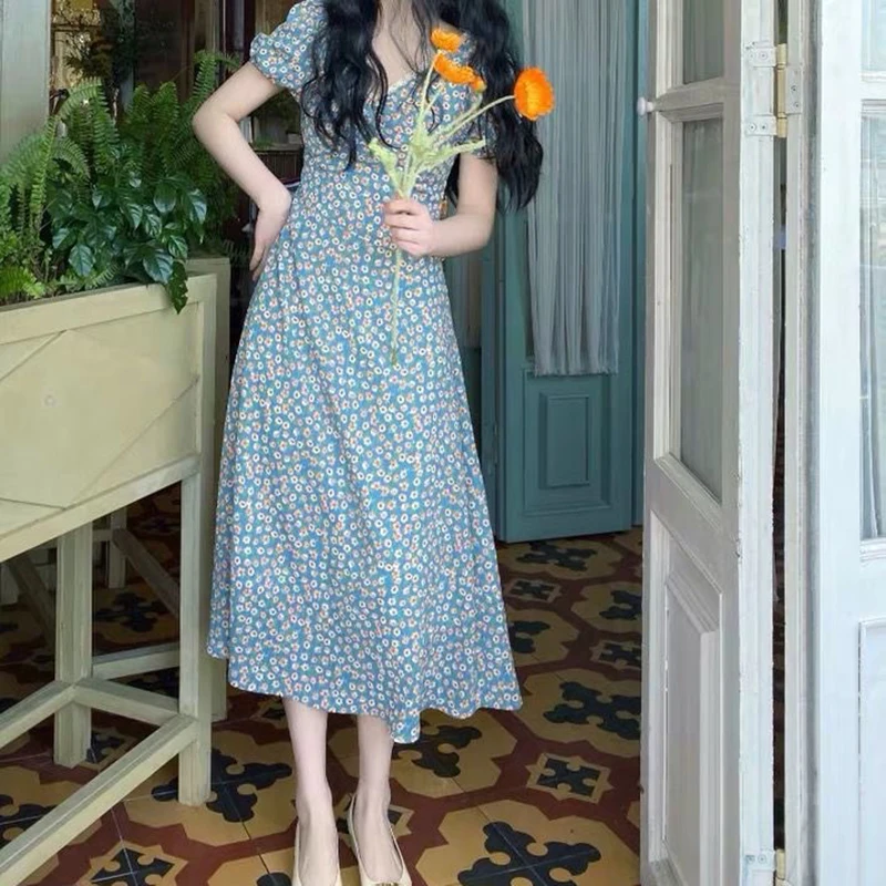 

2021 New Tea Break French Floral Harajuku Cottagecore Printed Elegant Chiffon Midi Summer Dress Design Feels Foreign Style