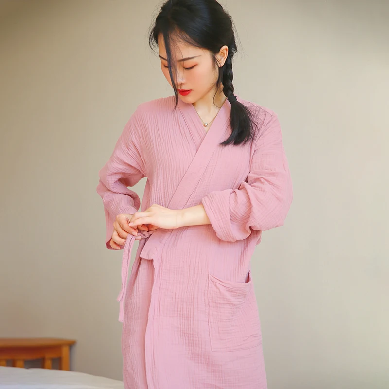 Kimono Bathrobe Sleepwear Nightgown Summer Nightwear Dressing Couple's Pajamas 100% Cotton Lingerie Intimate Japanese-Style Pink