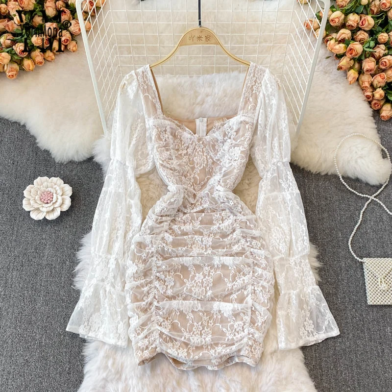 

YornMona 2022 Long Puff Sleeve Square Collar Lace Package Hips Sexy Mini Dress Spring Summer Women White Black Party Dress