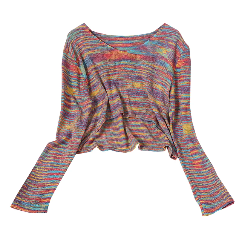 

Rainbow Stripe Sweaters Knit Cropped Short Tops V-Neck Long Sleeve Autumn Japan Korean Sweet Pullovers Female GX1164