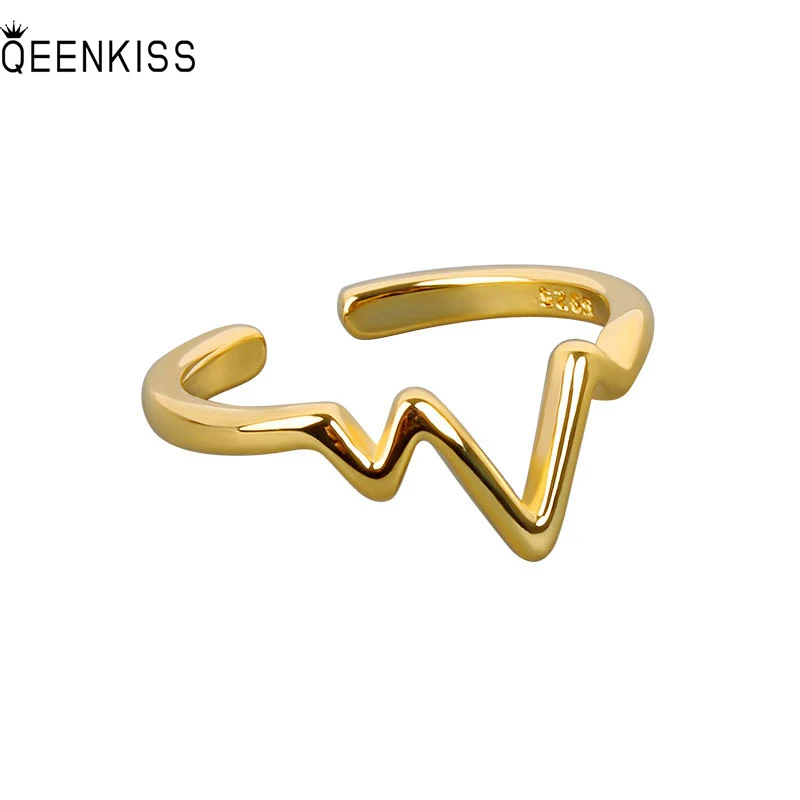 

QEENKISS RG6414 2022 Fine Jewelry Wholesale Fashion Woman Girl Birthday Wedding Gift Lightning Heartbeat 18KT Gold Open Ring