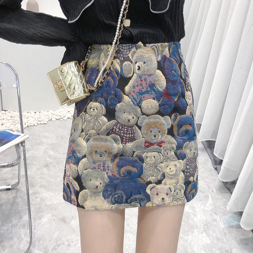 

FAKUNTN 2022 New Women Skirt Korean Chic Retro Sweet Cute Fashion All-match High Waist Female Bear Embroidery A-line Short Skirt