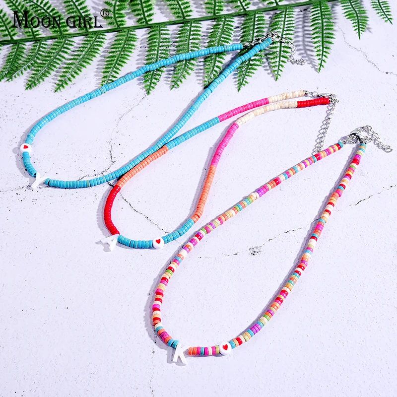 

Fashion Heart Shell Letter Necklace for Women Handmade Colorful Custom Name Chain on the Neck Pendants Jewelry Choker Femme